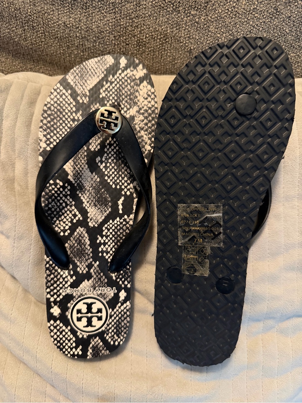 Tory Burch Black & White Snake-Print Logo Flip Flop Sandals